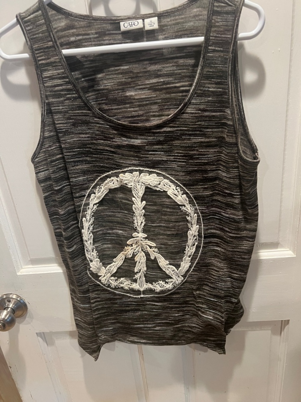 Cato Black Heathered Tank with White Lace Peace Emblem